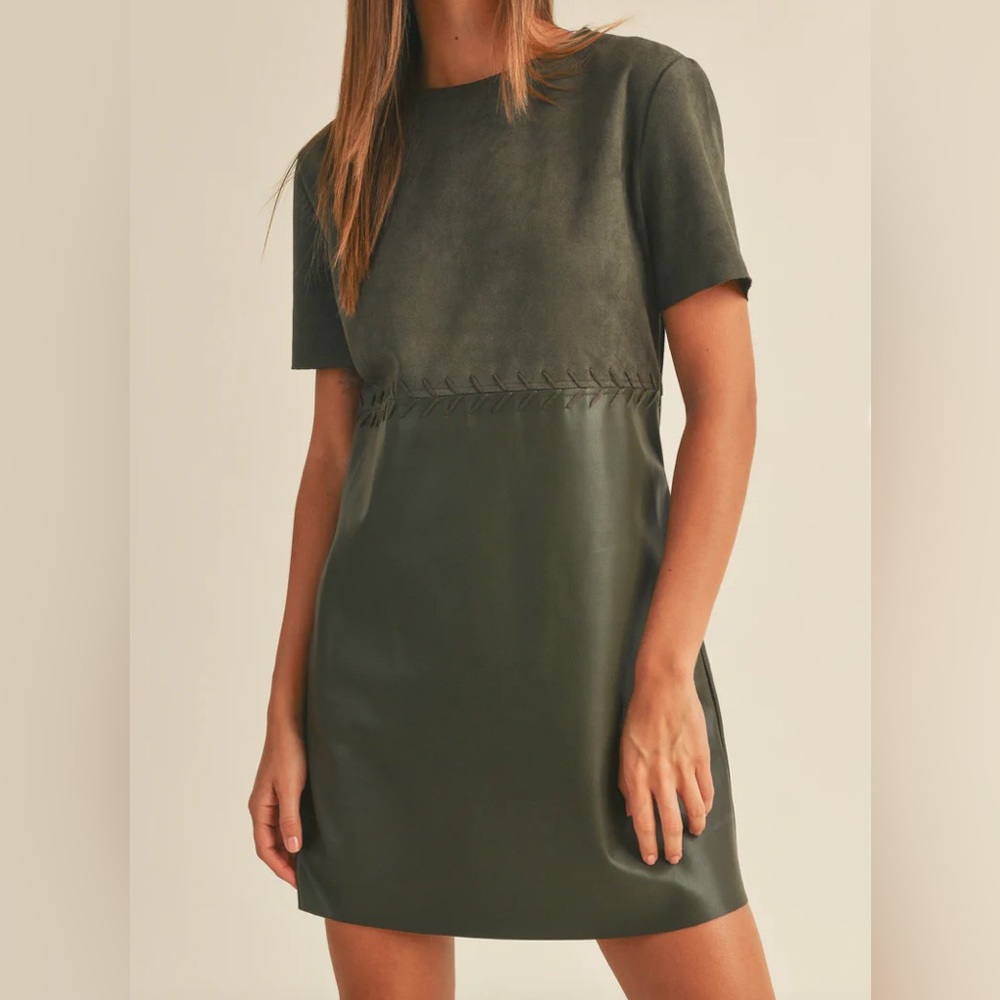 NWT Miou Muse Faux Suede/Leather Olive Green Shift Dress - Size Small